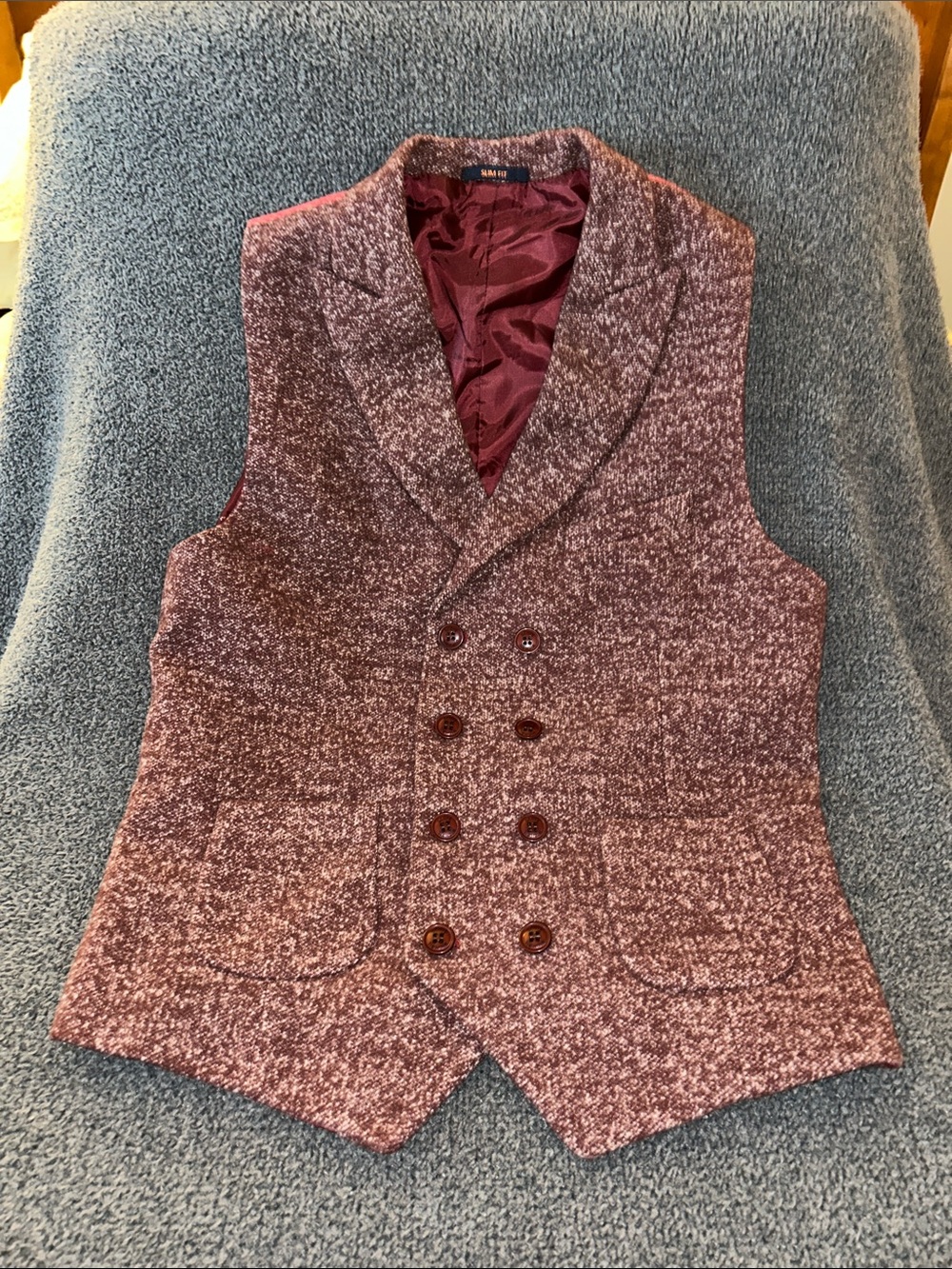 Double-Breasted Maroon Tweed Vest with Shawl Collar